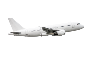 White passenger jet plane flies isolated on transparent background