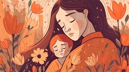 Mom with child. Mother's Day illustration. Generative AI