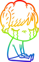 rainbow gradient line drawing of a cartoon woman crying