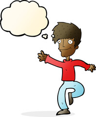 cartoon happy man dancing with thought bubble