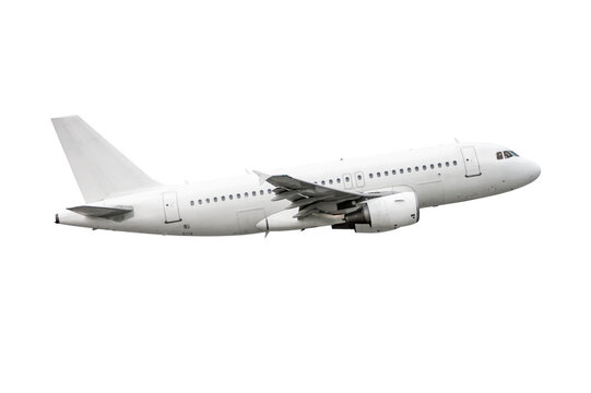 White passenger jet plane flies isolated on transparent background