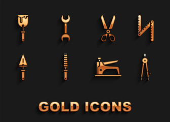 Set Chisel tool for wood, Folding ruler, Drawing compass, Construction stapler, Trowel, Scissors, Putty knife and Wrench spanner icon. Vector