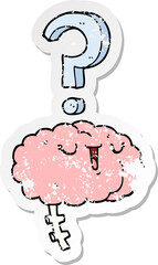 distressed sticker of a cartoon curious brain