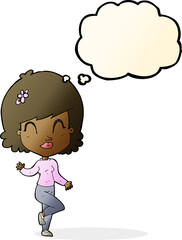 cartoon pretty woman dancing with thought bubble