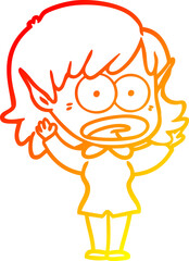warm gradient line drawing of a cartoon shocked elf girl