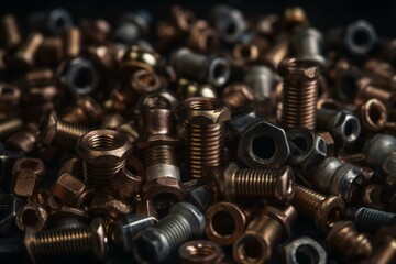 Background of metallic screws and nuts. Generative AI