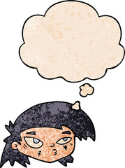 cartoon scratched up face with thought bubble in grunge texture style