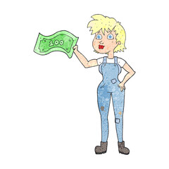 freehand textured cartoon confident farmer woman with money