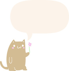 cute cartoon cat with flower with speech bubble in retro style