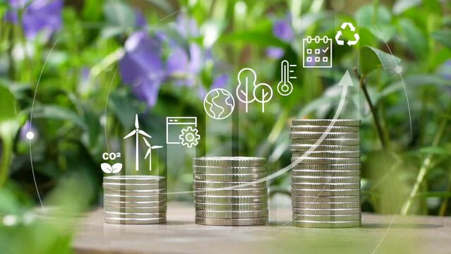 Investments concept.The emblems of the cyclic economy On green backdrop,. Recycling, the environment, reusing, manufacturing, waste, consumers, resources all part of circular economy idea. Environment