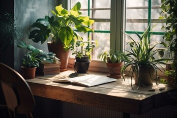 Wooden desk with plants and a window is a perfect background for a home office. Generative AI