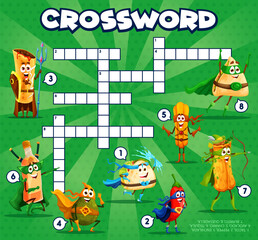 Crossword grid superhero cartoon mexican tex mex food characters, quiz game. Find a word vector worksheet with tacos, enchilada, pepper, avocado and charro. Tequila, burrito and quesadilla personages