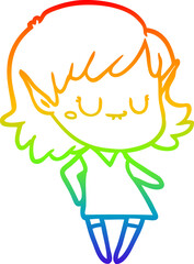 rainbow gradient line drawing of a happy cartoon elf girl wearing dress