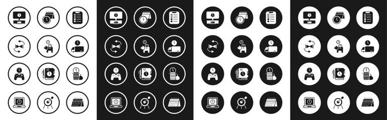 Set To do list or planning, Piggy bank with coin, Old hourglass sand, Smart Tv time, Delivery, Calendar clock, Waste of and Gamepad icon. Vector