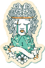 Retro Tattoo Style sad elf barbarian character face with natural one D20 roll