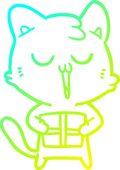 cold gradient line drawing of a cartoon cat with present