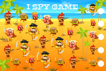 Obraz na płótnie Canvas I spy game cartoon captain and pirates fastfood characters on treasure island. Kids vector math maze riddle count how many pizza, french fries, pop corn, hot dog and burger corsair personages test
