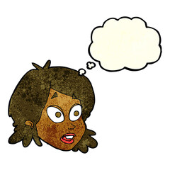 cartoon female face with surprised expression with thought bubble