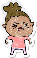 distressed sticker of a cartoon angry woman