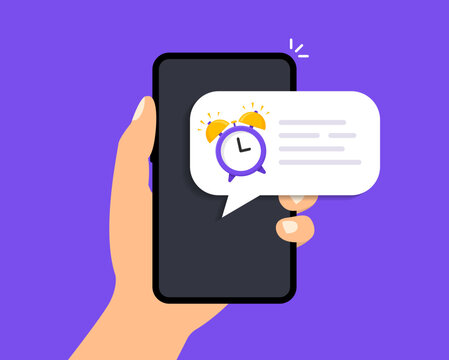 Alarm clock app on a mobile phone. Smart phone alarm clock. Wake up time setting. Alarm clock reminder on phone. Notice to wake up. Vector illustration.