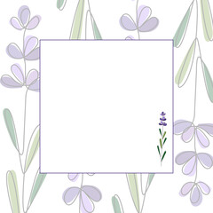 Hand drawn Lavender branches in a square. Frame on botanical texture background. Template for Wedding invitations, cards, postcards, logo, posters
