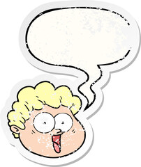 cartoon male face with speech bubble distressed distressed old sticker