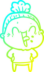 cold gradient line drawing of a cartoon happy old woman