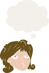 cartoon woman with thought bubble in retro style
