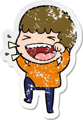 distressed sticker of a cartoon laughing man