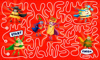 Labyrinth maze, superhero cartoon mexican tex mex food characters. Kid vector worksheet with nachos, quesadilla, jalapeno, enchiladas or burrito and tacos with avocado comics book superhero personages