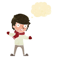 cartoon boy in winter clothes with thought bubble