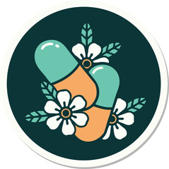 sticker of tattoo in traditional style of pills and flowers