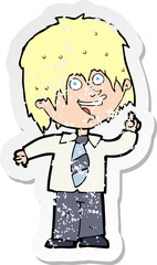 retro distressed sticker of a cartoon school boy with idea