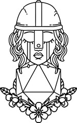 Black and White Tattoo linework Style crying human fighter with natural one D20 roll