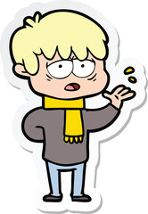 sticker of a cartoon exhausted boy