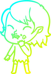 cold gradient line drawing of a cartoon vampire girl with blood on cheek