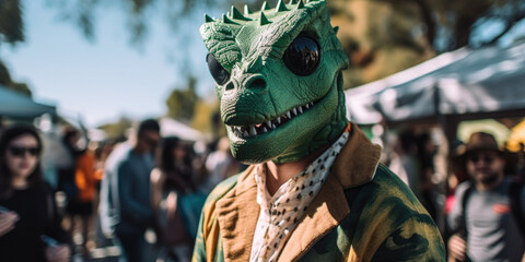 man wearing dinosaur mask on a holiday, sunny spring festival, dinosaur mask is green with big black eyes, generative ai