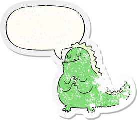 cartoon dinosaur with speech bubble distressed distressed old sticker
