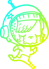 cold gradient line drawing of a cartoon crying astronaut girl