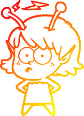 warm gradient line drawing of a cartoon alien girl