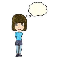 cartoon serious girl with thought bubble