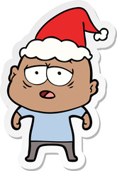 hand drawn sticker cartoon of a tired bald man wearing santa hat