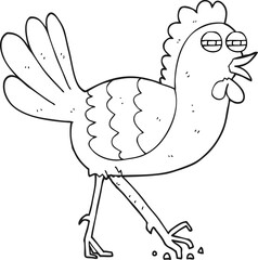 freehand drawn black and white cartoon chicken