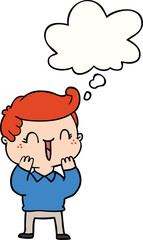 cartoon laughing boy with thought bubble