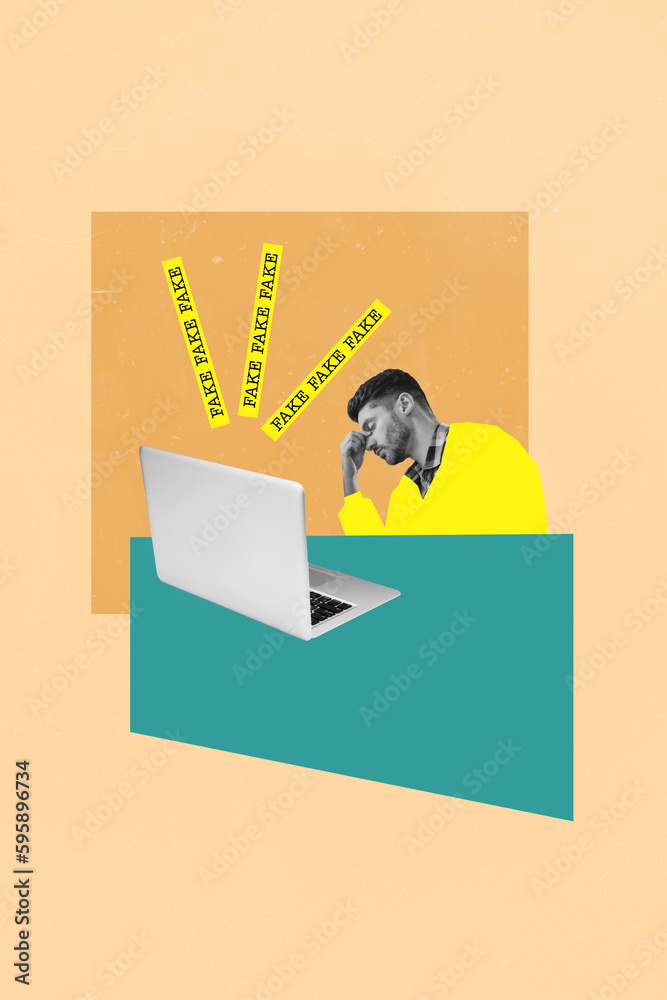 Aufkleber vertical collage picture of black white effect exhausted guy use netbook fake information isolated o
