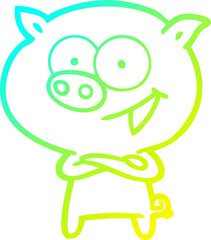 cold gradient line drawing of a cheerful pig cartoon