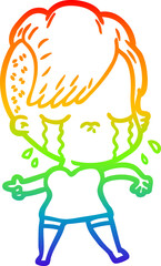 rainbow gradient line drawing of a cartoon crying girl