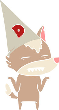 flat color style cartoon wolf wearing dunce hat