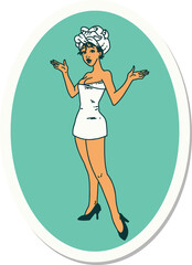 sticker of tattoo in traditional style of a pinup girl in towels