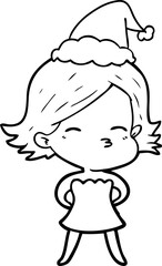 hand drawn line drawing of a woman wearing santa hat